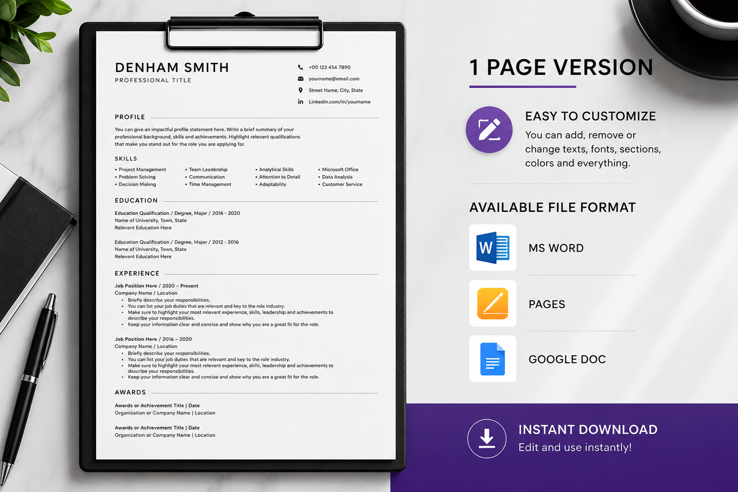 Professional ATS Resume Template Bundle + BONUS Job Search PDF | Editable Resume, Cover Letter & References | Word, Google Docs & Pages