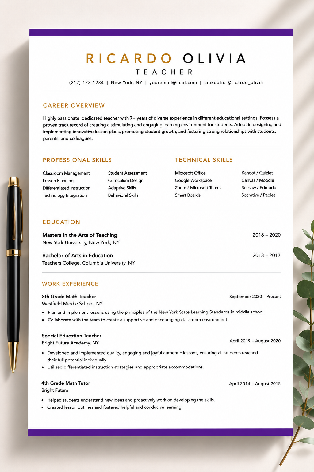 Teacher Resume Template | ATS-Friendly Resume & Cover Letter | Editable Microsoft Word Resume for Educators | A4 & US Letter