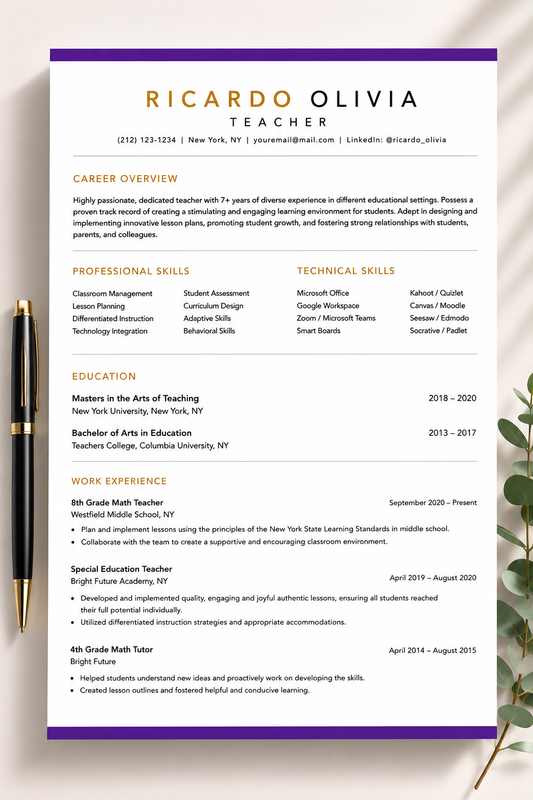 Teacher Resume Template | ATS-Friendly Resume & Cover Letter | Editable Microsoft Word Resume for Educators | A4 & US Letter