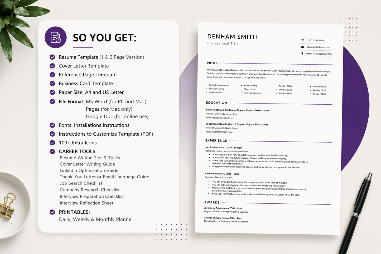 Professional ATS Resume Template Bundle + BONUS Job Search PDF | Editable Resume, Cover Letter & References | Word, Google Docs & Pages