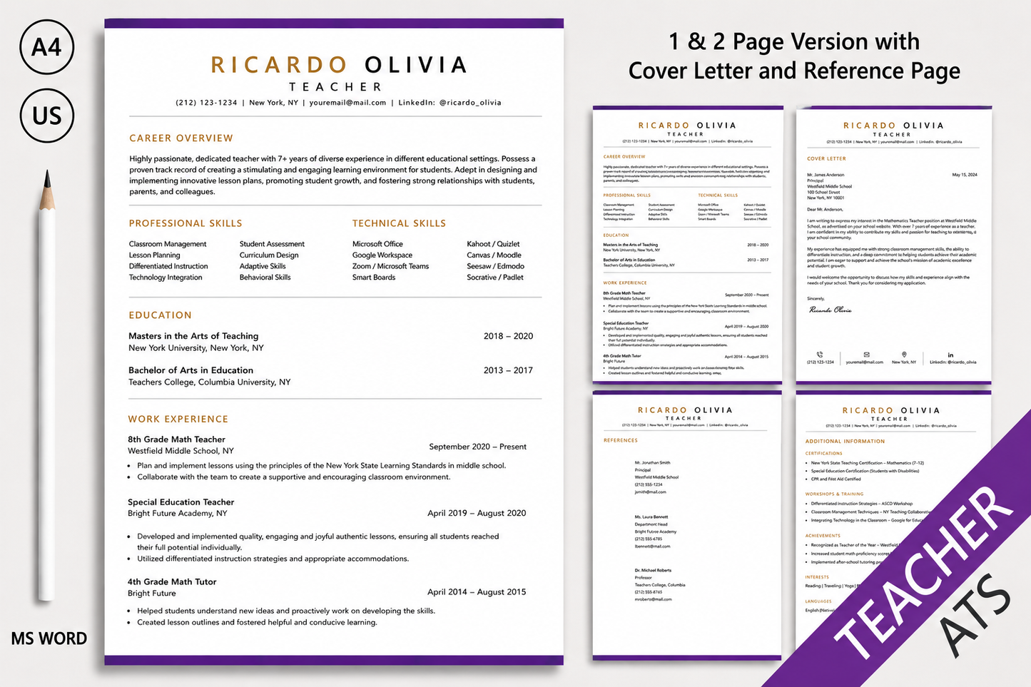 Teacher Resume Template | ATS-Friendly Resume & Cover Letter | Editable Microsoft Word Resume for Educators | A4 & US Letter
