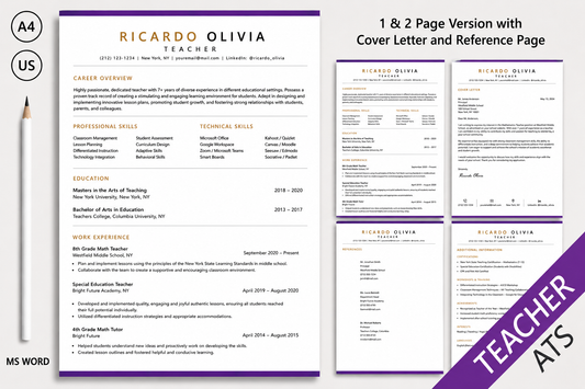 Teacher Resume Template | ATS-Friendly Resume & Cover Letter | Editable Microsoft Word Resume for Educators | A4 & US Letter