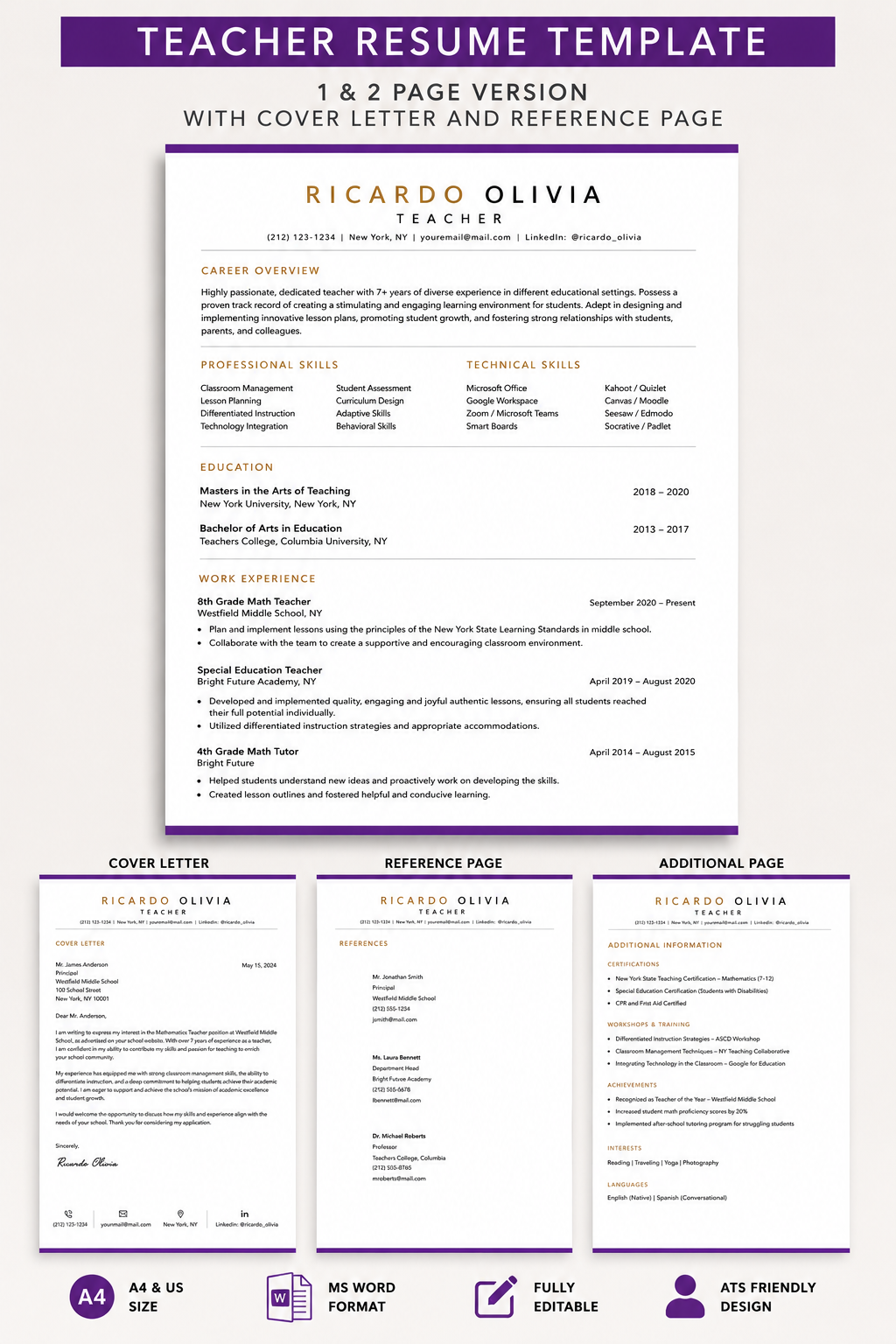 Teacher Resume Template | ATS-Friendly Resume & Cover Letter | Editable Microsoft Word Resume for Educators | A4 & US Letter